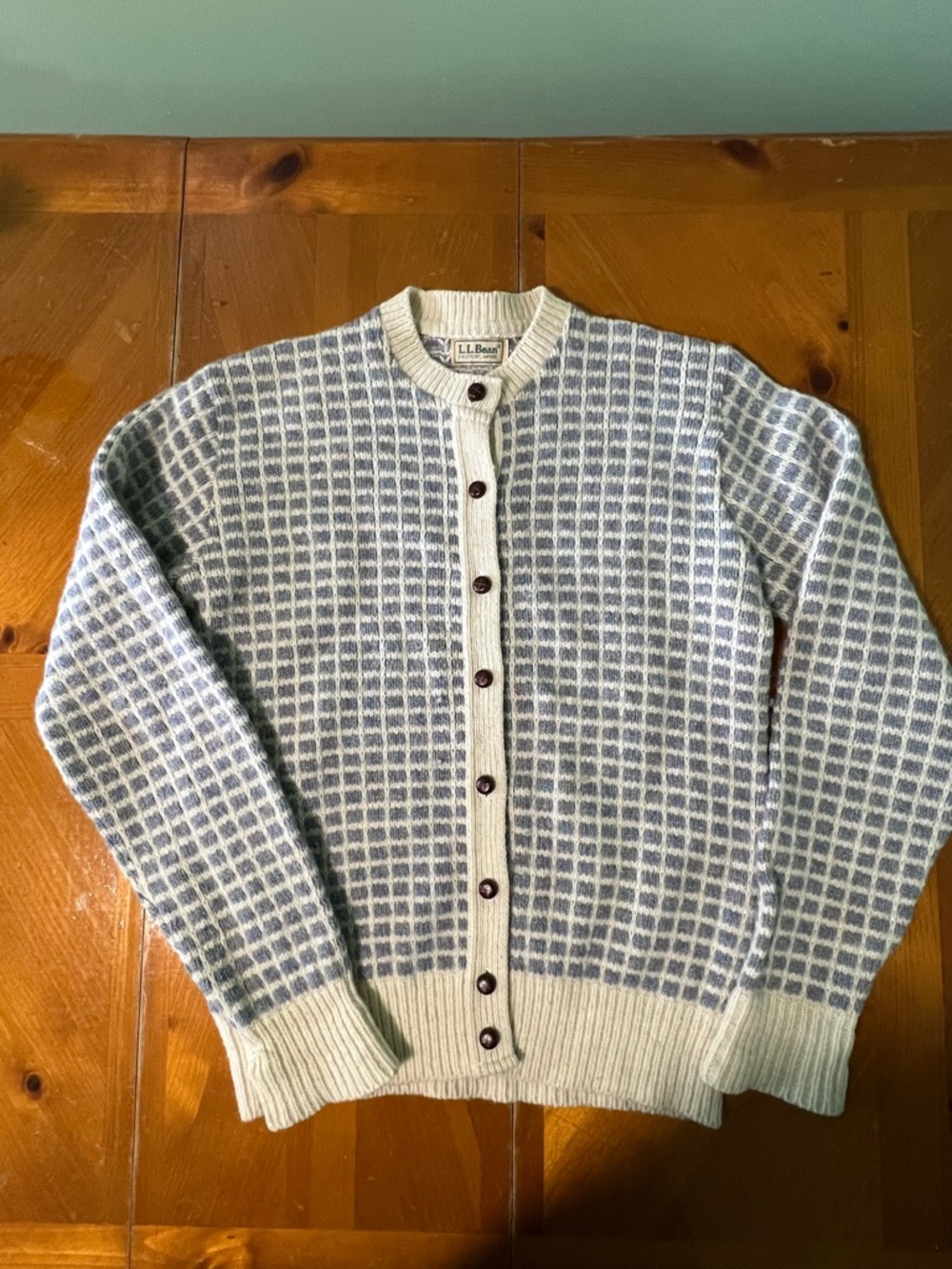 Vintage L.L. Bean Blue and Cream Grid Knit Wool Cardigan